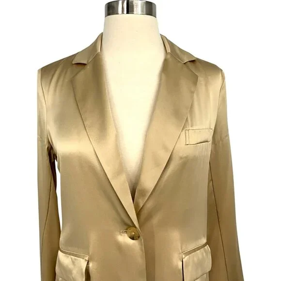 Nili Lotan Sophia Charmeuse Blazer Gold 100% Silk One Button Jacket Size 0 - Picture 2 of 13